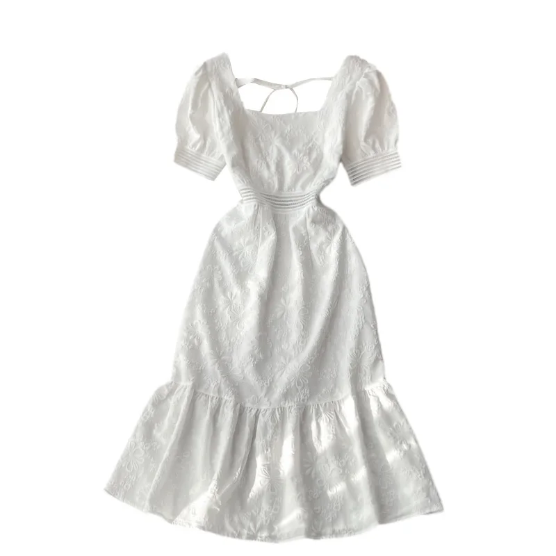 

estilo retroquebrar saia gola quadrada magro primeiro amor saia bolha manga doce fishtail vestido de