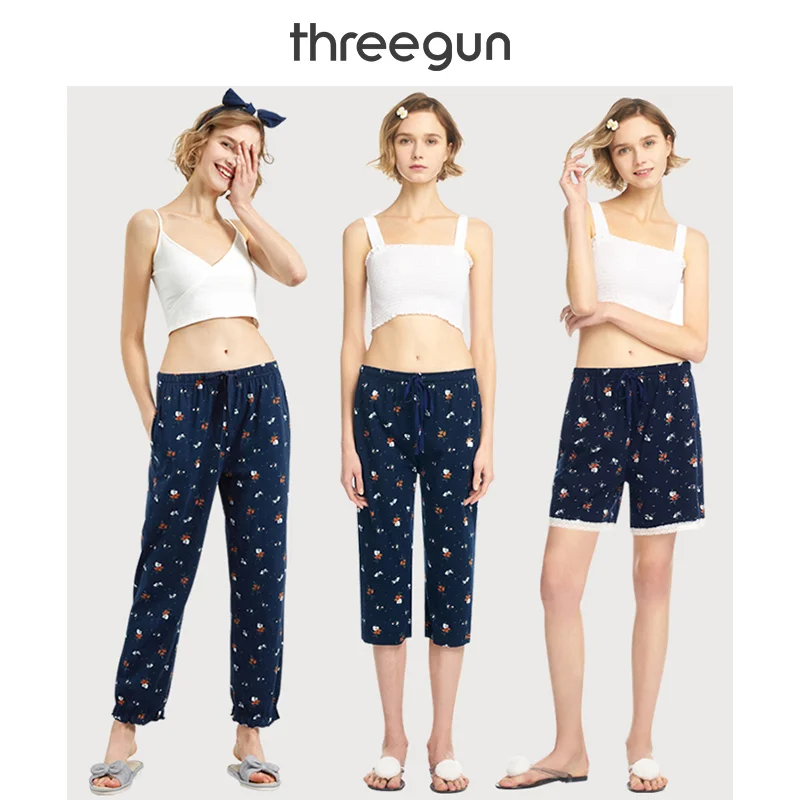 THREEGUN женские Пижамные шорты, укороченные штаны полной длины, кружевные Хлопковые женские штаны для сна, свободные штаны с эластичной резинкой на талии, домашние штаны, партия