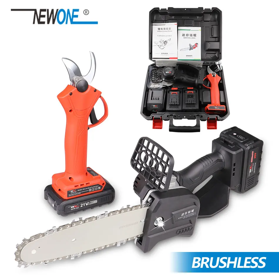 

NEWONE 21V Electric Power Tool Brushless 800W Mini Chainsaw with Cordless Grape branch Pruning Shear Combo Kit with Case