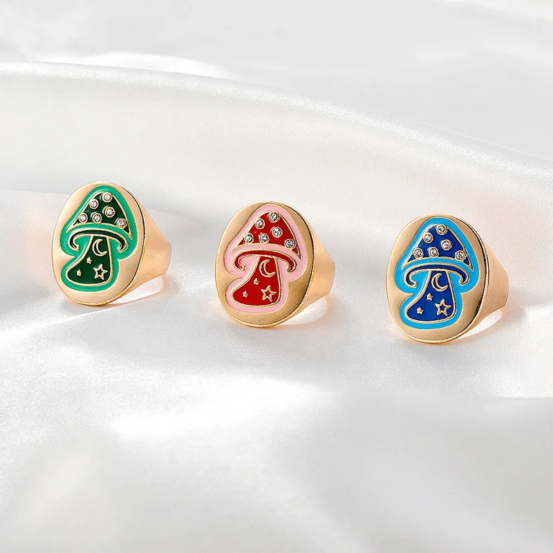 

Origin Summer Korean Fashion Geometrical Mushroom Moon Star Ring for Women Gold Metallic Rhinestone Index Finger Ring Jewellery
