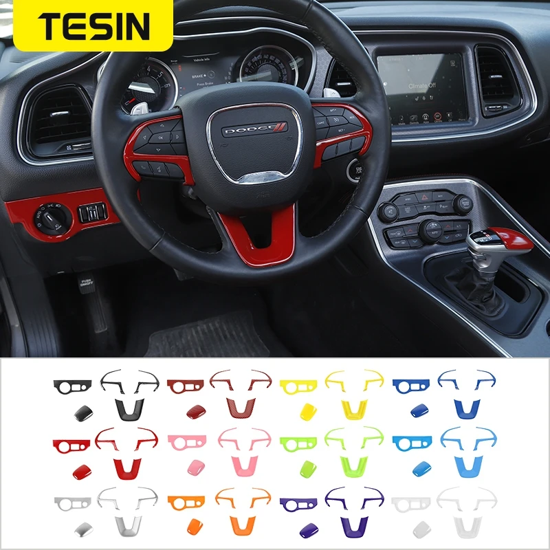 

TESIN Car Steering Wheel Headlight Switch Gear Shift Knob Decor Cover for Dodge Challenger Charger 2015-2020 Car Accessories