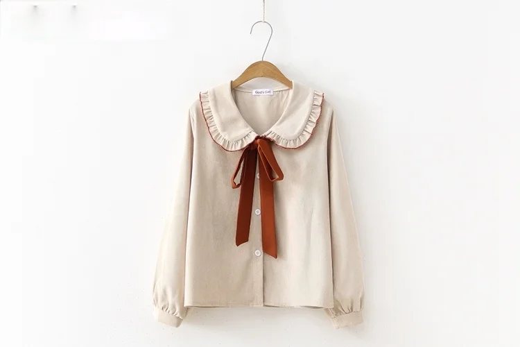 

Autumn Spring Women Shirt Peter Pan Collar White Apricot Pink Loose Blouse Cute Kawaii Ribbon Corduroy Blusa Japanese Mori Girl