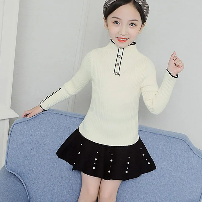 

New 2021 Knit Solid Turtleneck Sweater For Teenage Girls Knitting Long Sleeve Tops Clothing Children School Pullover Outerwears