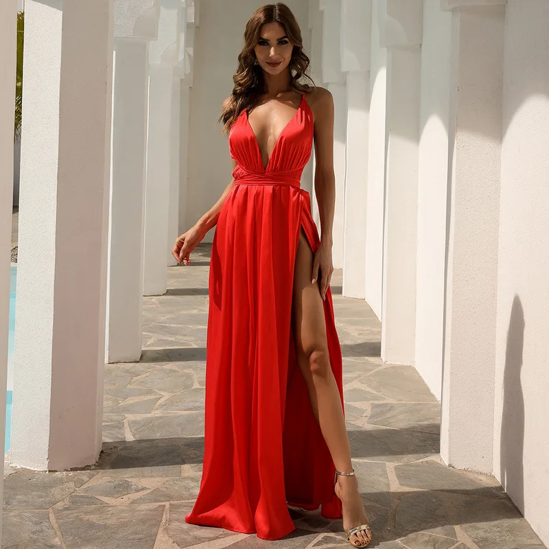 

Women Sexy Deep V Neck Backless Cross Lacing Up Bandage Party Dress Female New Fashion Beach Holiday Split Long Gowns