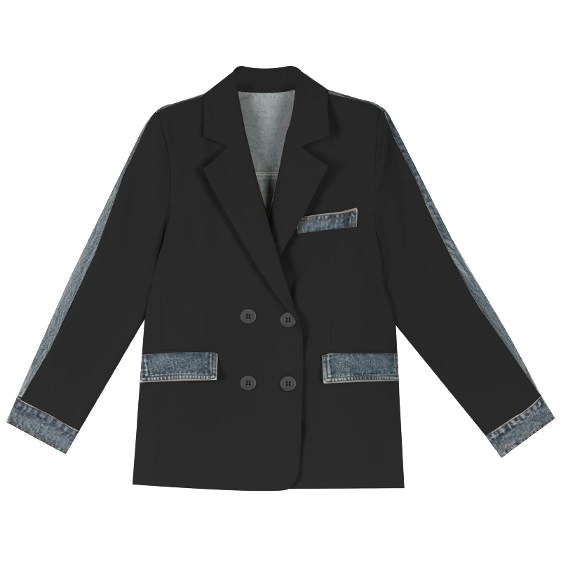 

SuperAen Autumn Spring Retro Denim Patchwork Suit Jacket Loose Mid-length Slim Top Office Lady Women Blazers