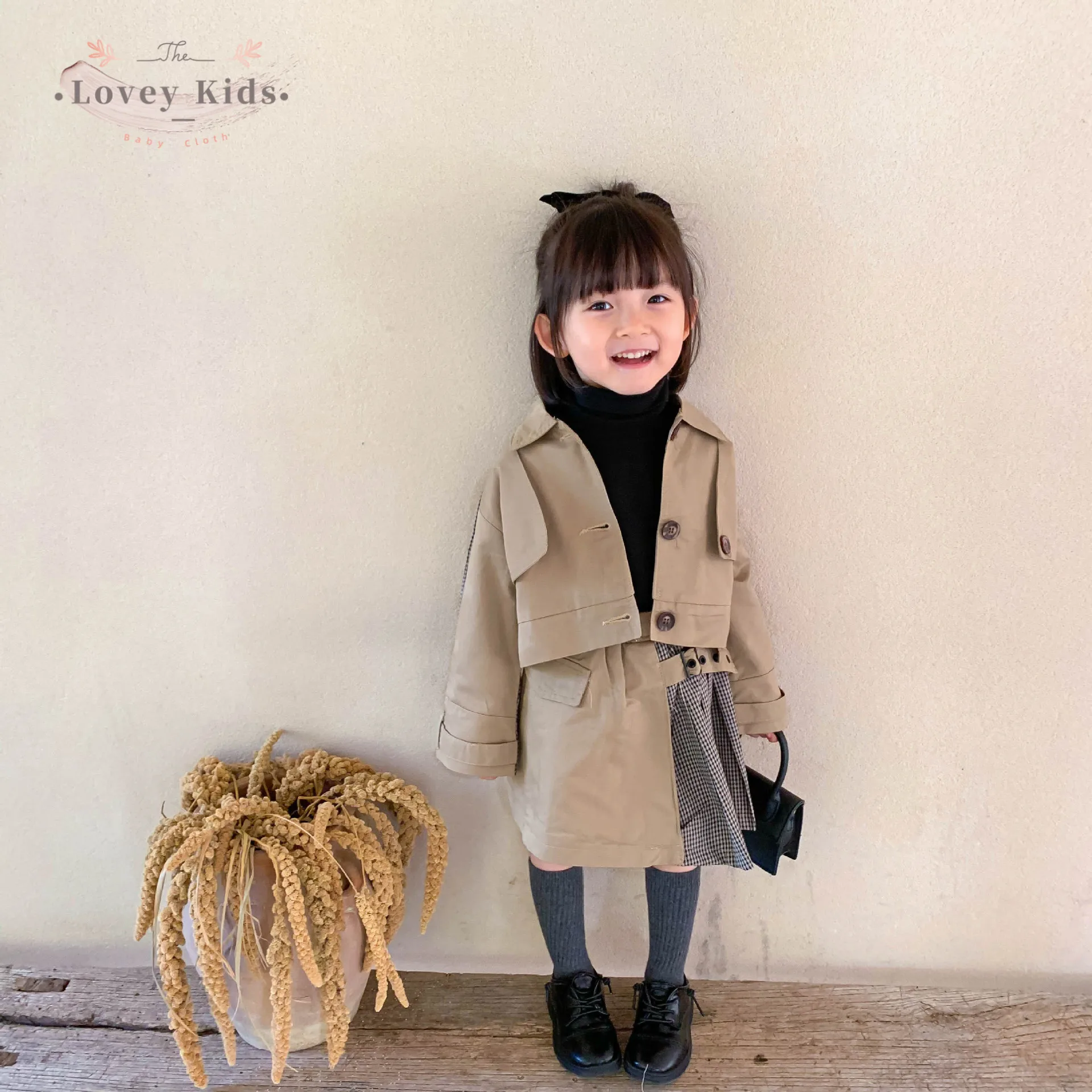 

2020 Autumn Baby Girl Fashion 2PCS Sets Korean Style Trench Suit Coat+Skirt Khaki Plaid Patchwork Girls Jackets Outfits
