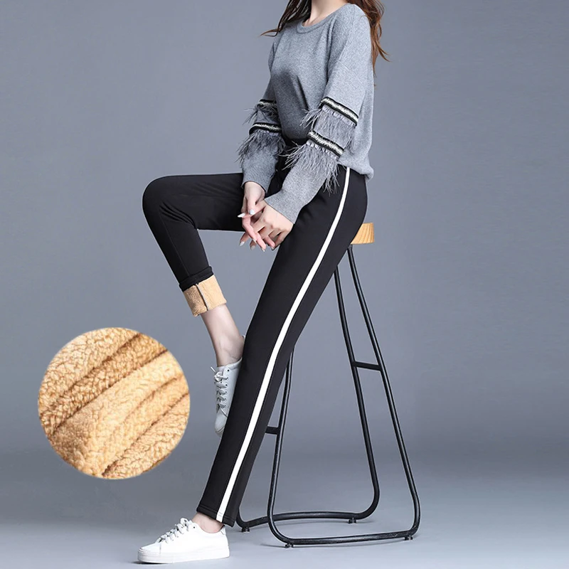 F1 white striped Женские полосатые спортивные штаны, зимние утолщенные плюшевые шаровары из овечьей шерсти, корейские женские повседневные брюки, Pantalones Mujer Cintura Alta - Цвет: F1 white striped