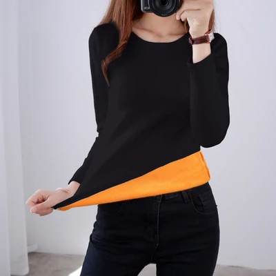 O-neck black Размера плюс M-4XL теплая дутая куртка золото бархатные Нижние рубашки Для женщин Зимняя кофта с длинными рукавами и высоким воротником Термальность формирующее белье боди, пижамный комплект - Цвет: O-neck black