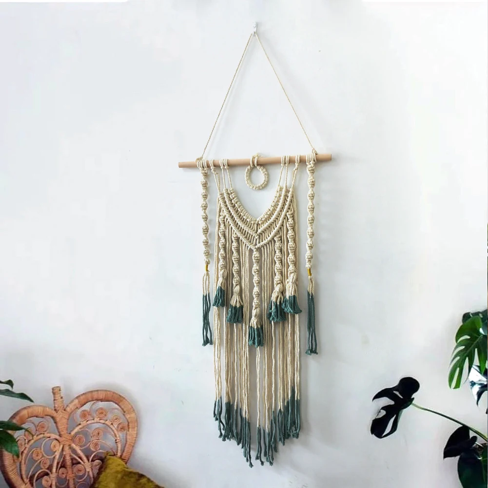 Стене висит зеленые и бежевые Тканый гобелен Boho Chic Ленточки кулон Wall Art Спальня