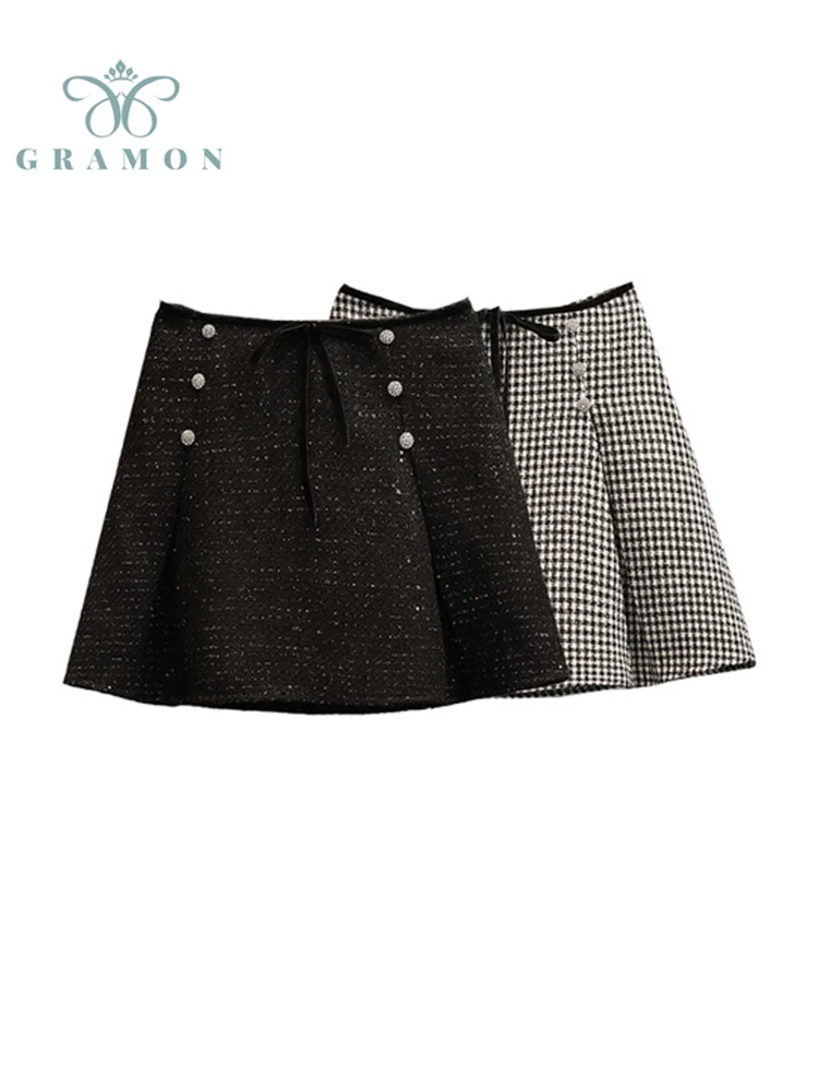 

2022 Woolen Mini Skirt Spring Korean Fashion Women Preppy Style High Waist Lattice Lace Up Beading Pleated Jupe Ladies Plus Size