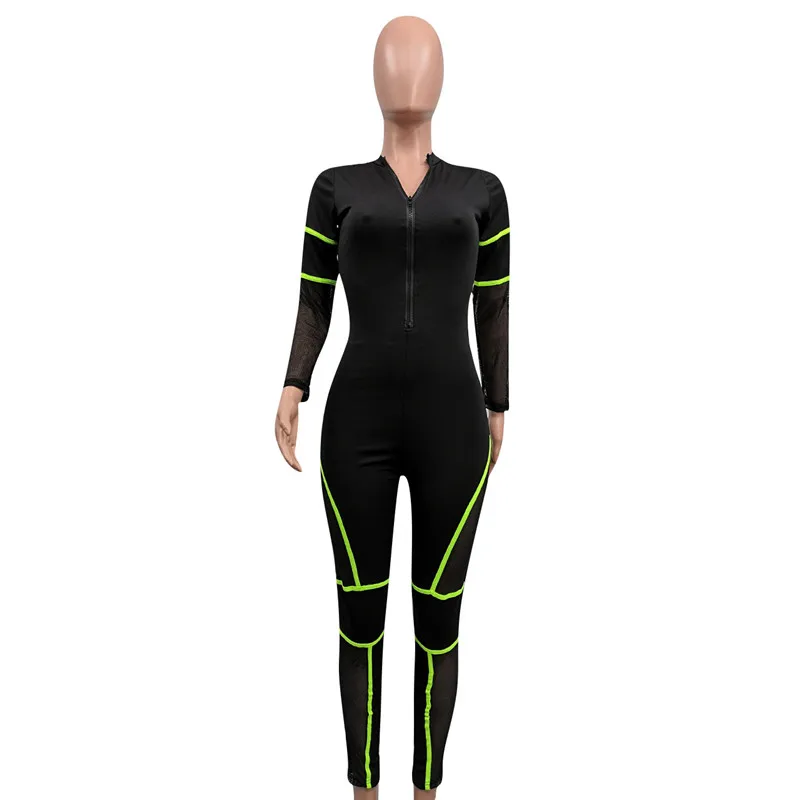 Комбинезон женский сетчатый на молнии с V-образным вырезом и длинным рукавом |