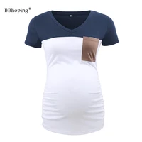 summer maternity t shirts pregnant short sleeve tops pregnancy striped shirts women splice color top women clothes with pocket