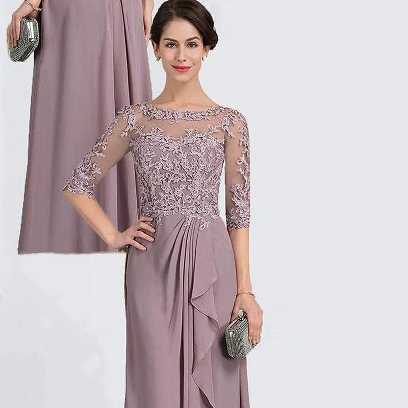 

Charming Mother Of The Bride Dresses Chiffon Pleat Bateau Half Sleeve Appliques Zipper A-Line Gowns Novia Do 2021 New Party