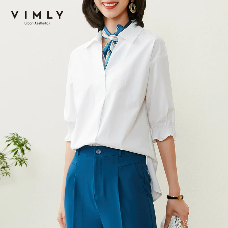 

VIMLY Blouse Women Elegant Office Lady V Neck Flare Sleeve Shirt Fashion New Solid Shirts Spring Blusas Female Tops F6190