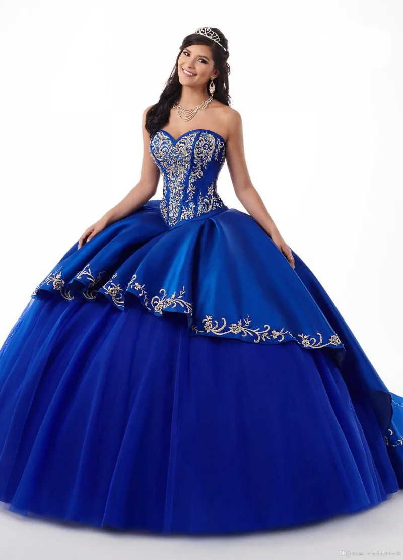 

Amazing Royal Blue Burgundy 2020 Quinceanera Prom dresses With Gold Embroideried Sweetheart Satin Ball Gown Evening Party Sweet