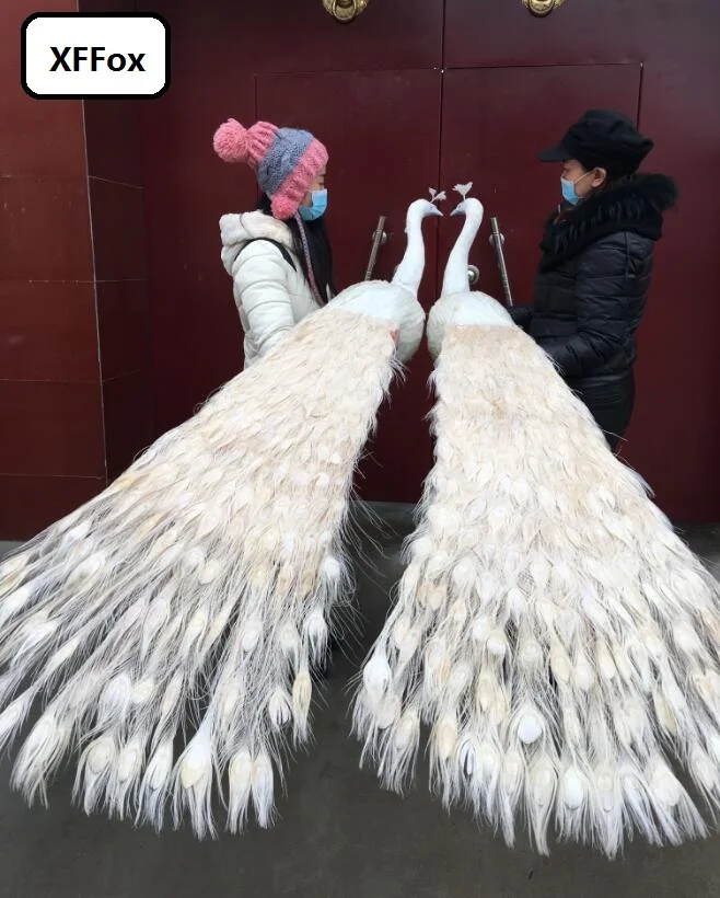 

a pair of huge real life white peacock models foam&feather long tail simulation peacock birds gift about 180cm xf2463