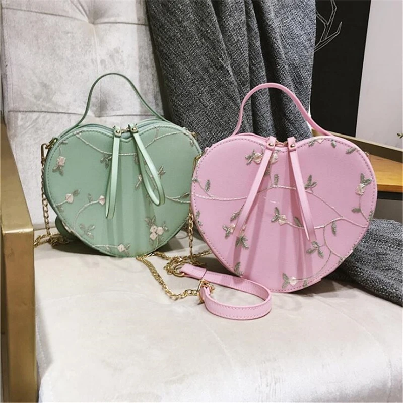 

Lace Shoulder Bag Peach Heart Women Bags 2021 New Embroidery Handbag Portable Girl Diagonal Bag Heart-shaped Chain Bag For Girl