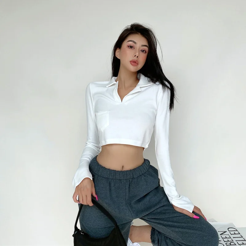 

Женская рубашка-поло GAGA с длинным рукавом, белая рубашка, женский тонкий короткий топ, Горячие Сексуальные корейские женские топы, милые ази...