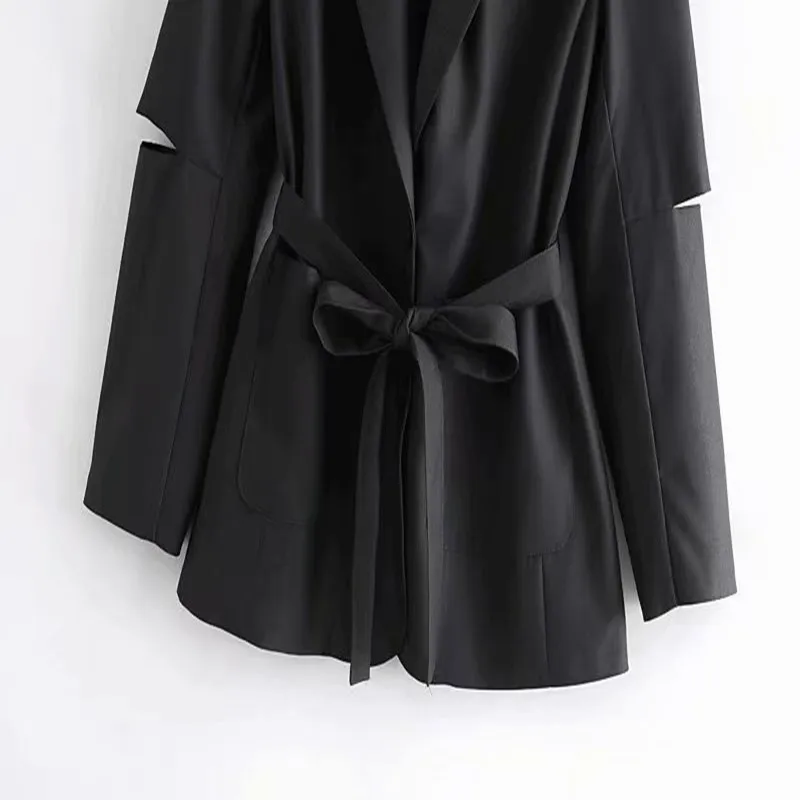 

2021 spring and autumn new Korean style female western fashion temperament with belt hollow jacket