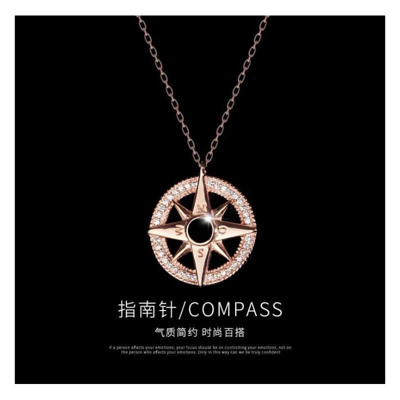 

925 Sterling Silver Octagonal Pendant Clavicle Chain Necklace with Compass and Crystal for Women Sweater