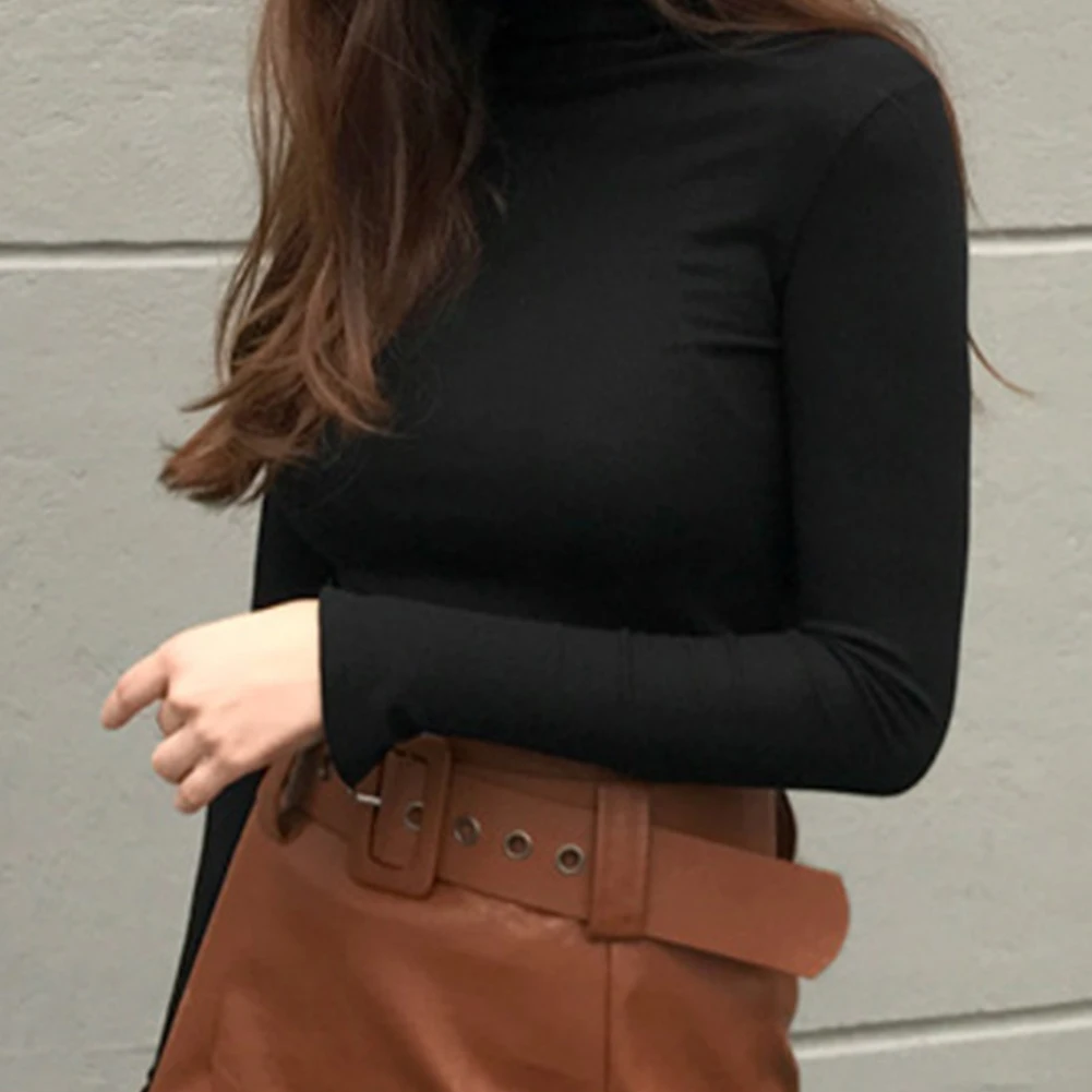 

Женская Повседневная однотонная Базовая рубашка, облегающий Топ с длинным рукавом и высоким воротником, женская одежда, осень-зима 2020