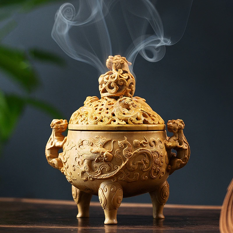 

Boxwood 12cm Incense Burn Sculpture Kirin Wood Statue Lucky Chinese Dragon Unicorn Home Decor