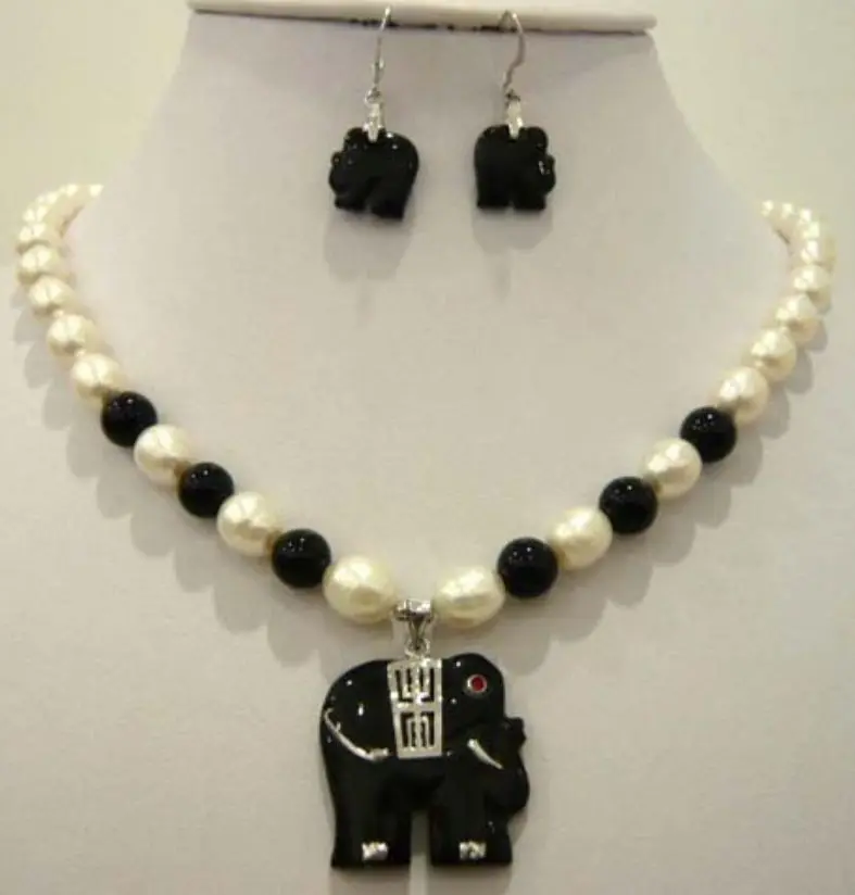 

White pearl purple Natural black jade elephant pendant necklace earring set