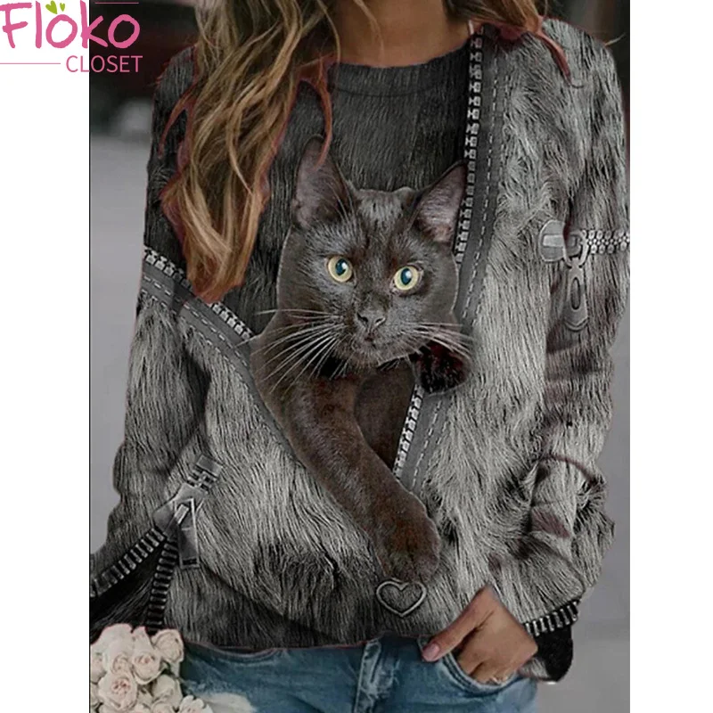 

Flokocloset Cat Zipper Print Round Neck T Shirts for Women Casual Autumn Spring Long Sleeve Cute Tops Tee