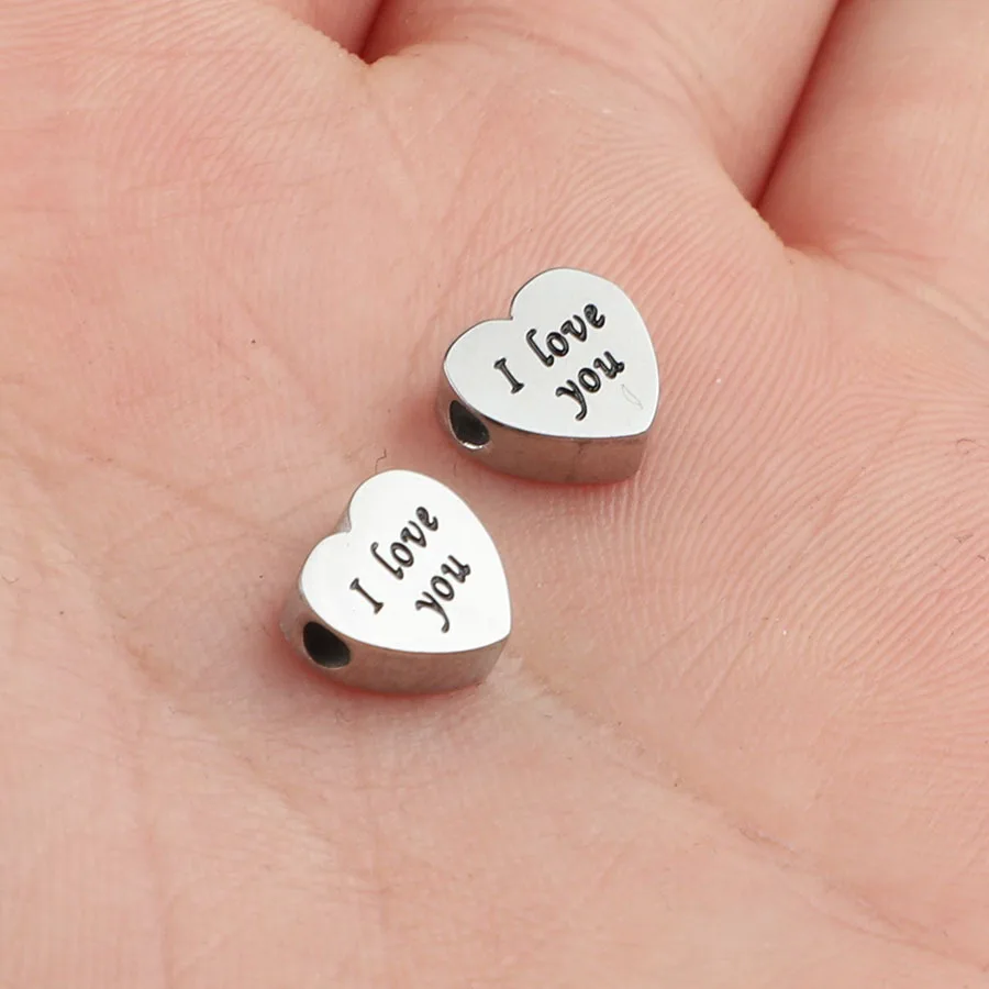 

Jaymaxi 1.8mm Hole Beads Stainless Steel Small Love Heart Charm Carved I Love You Letter Beads DIY Jewelry Making 20piece/lot