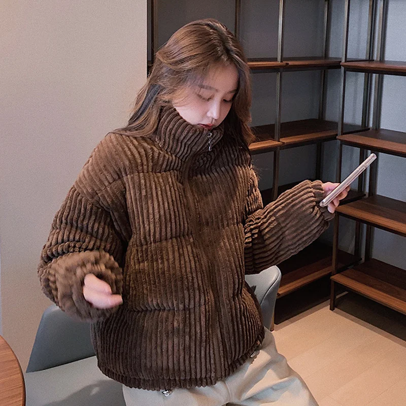 

2021Short Korean stuffed jacket brown top cardigan zipper new velvet cotton woman's jacket in winter
