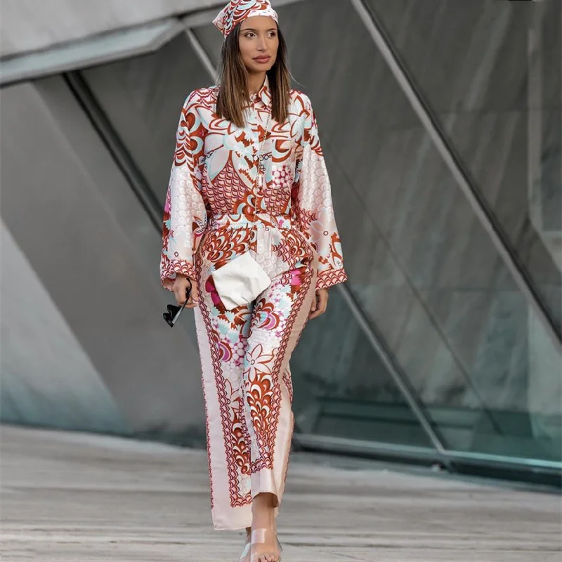 

PUWD Elegant Woman Red Print Shirt Suits 2021 Spring Fashion Ladies Indie Folk Suits Ladies Vinatge Beach Suits