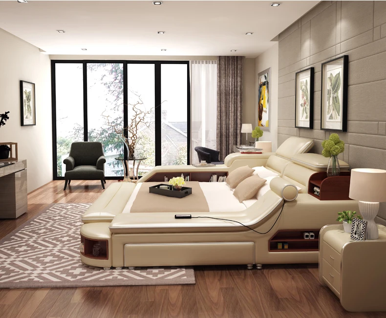 Роскошная массажная кровать из натуральной кожи с музыкальным динамиком для