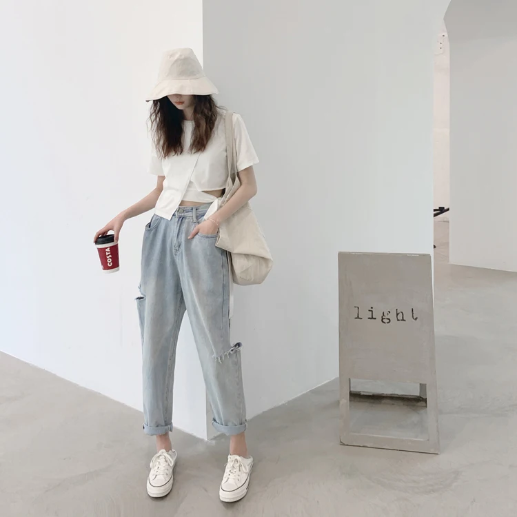 

2XL Jeans Women Holes Ripped Jeans Hollow Out High Waist Zipper Fly Baby Blue Jeans Harem Pants Denim Trouser Plus Size