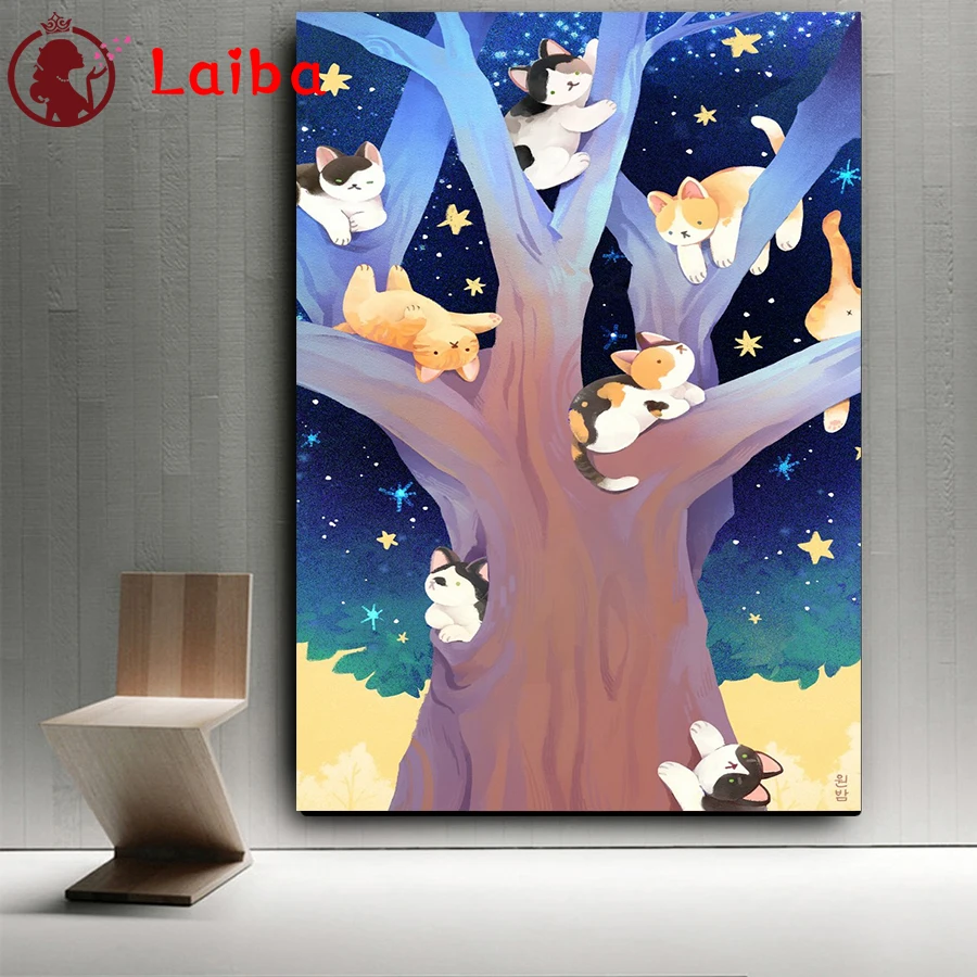 

Diamond Painting Cartoon anime fantasy tree cat Cross Stitch full Diamond Embroidery Picture Of Rhinestones Home Decoration