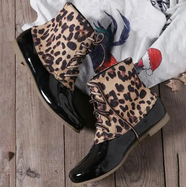 Leopard Новинка года; женские ботинки на низком каблуке с круглым носком; женские осенние ботильоны; модные Зимние непромокаемые сапоги; botas mujer; y396 - Цвет: Leopard
