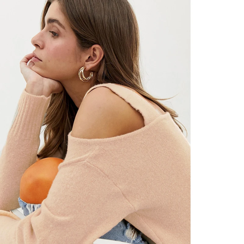 MINSUNDA Casual Light Khaki Cold Shoulder Solid Jumper One Strap Neck Long Sleeve Pullovers Women Streetwear Knitted Sweater | Женская