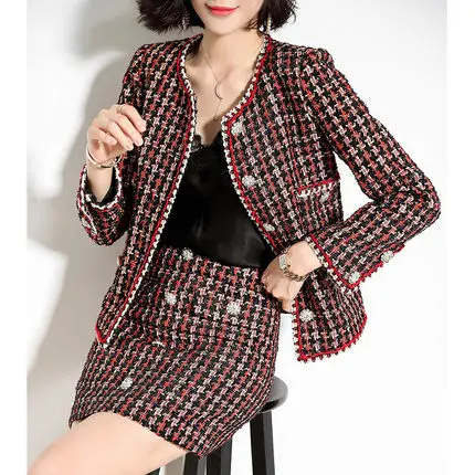 Осенне зимние женские сексуальные Твидовые костюмы модные топы + Юбки Комплекты