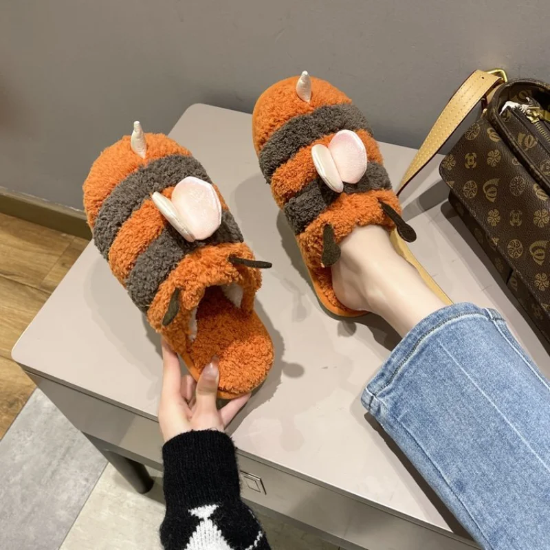 Winter New Ladies Cotton Slippers Simple and Comfortable Animal Cotton Slippers Women Flat Slippers Women Furry Slippers Women