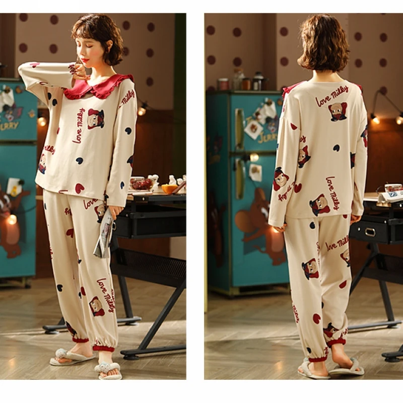 

Spring and autumn long-sleeved pullover cute cartoon pajamas women trousers can be worn outside home clothes