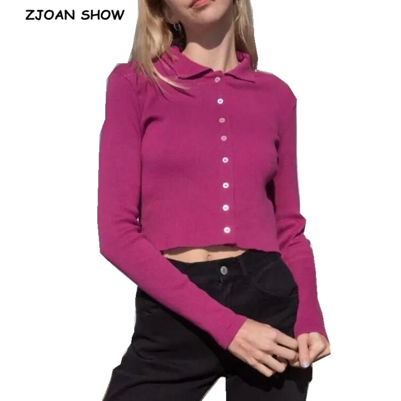 Женский трикотажный однобортный Укороченный кардиган с отложным воротником