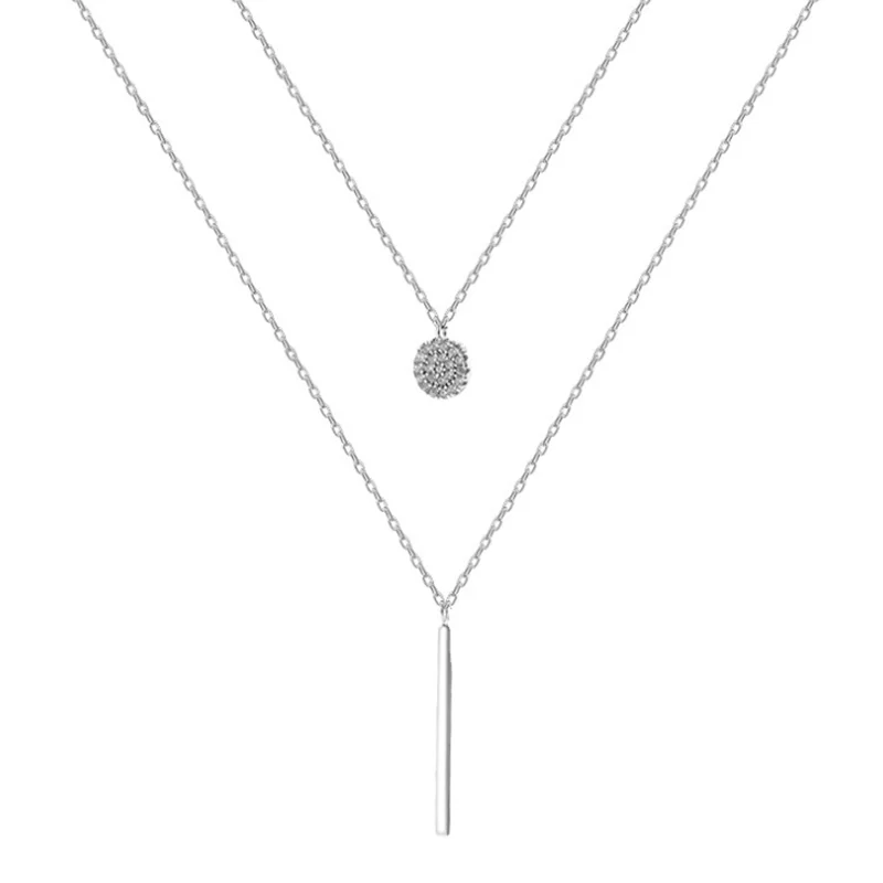 

925 Sterling Silver Double layer Necklace Round Shiny Full Zircon Long pendant Necklaces Gift Kolye Choker Collares Bijoux