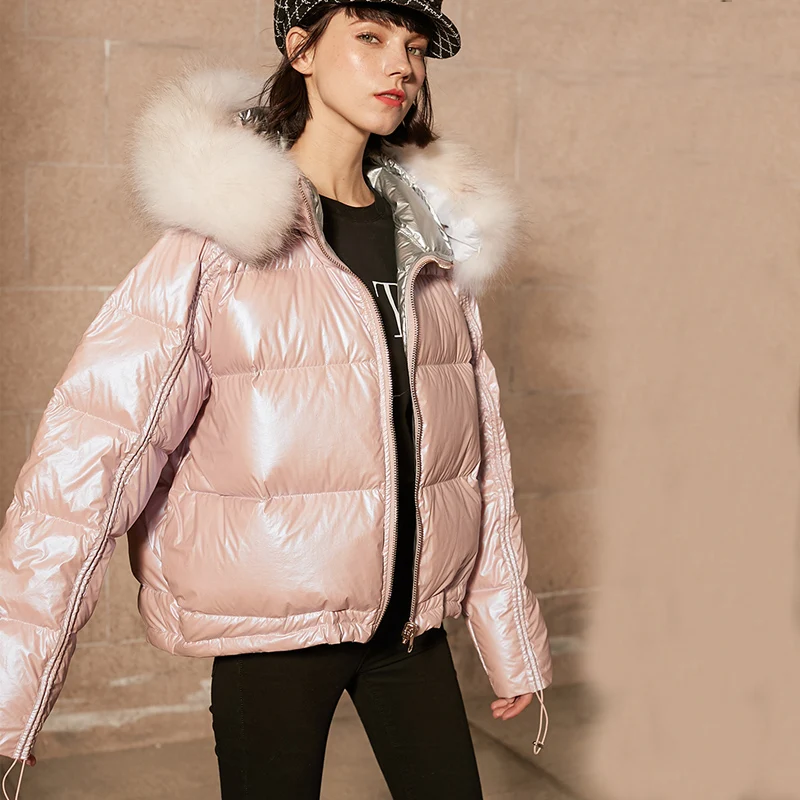 Парка женская с большим воротником из натурального меха енота пуховик на 2019