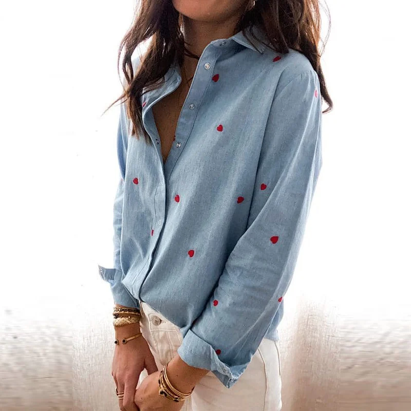 

Love Print Button Women's Shirt Long Sleeve Turn-down Collar Office Lady Korean Top Women 2021 Summer Autumn Bule Female Clothes