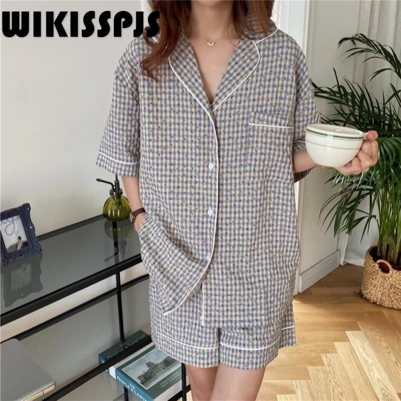 

2022 Summer Korean Fresh Fragmentary Plaid Pajamas Women's Short Sleeve Home Suit Bedroom Set Lounge Wear Sleepwear