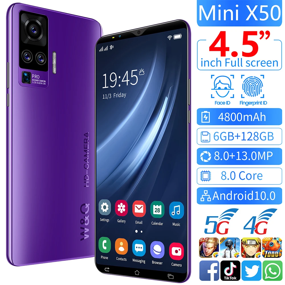 

Cheap Phones Mini X50 4.5 inch 4800mAh 6GB + 128GB 8MP + 13MP Face Fingerprint Recognition To Unlock Android 10.0 HD Smartphone