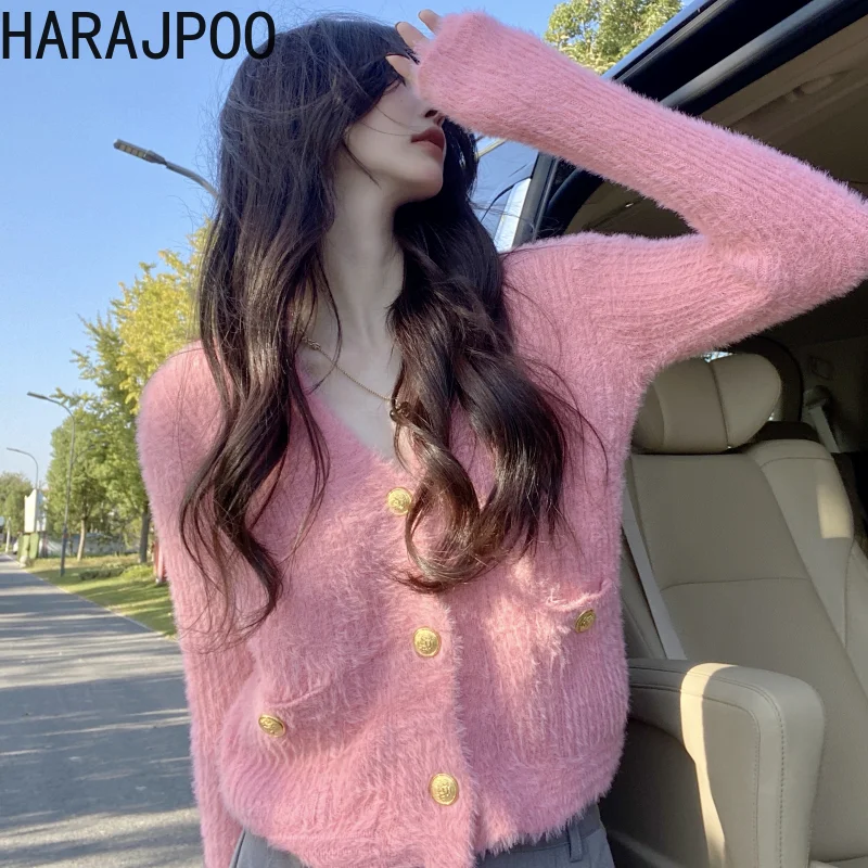 

Cardigans Female Harajpoo Knitted Solid V Neck Pockets 2021 Autumn New Korean Sweet Plush Long Sleeve Slim Crop Pink Sweaters