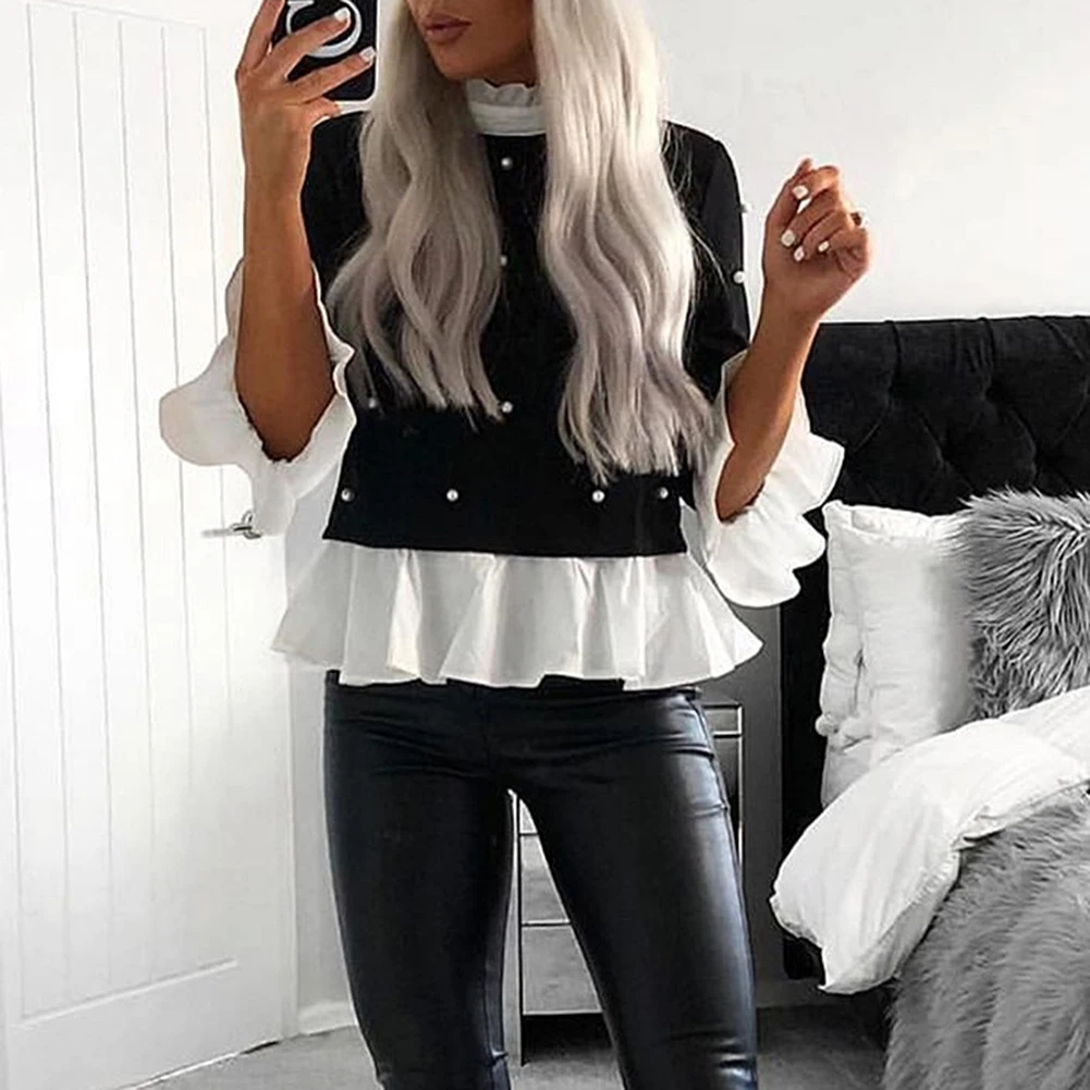 Женские кружевные топы с оборками и длинным рукавом повседневные свободные