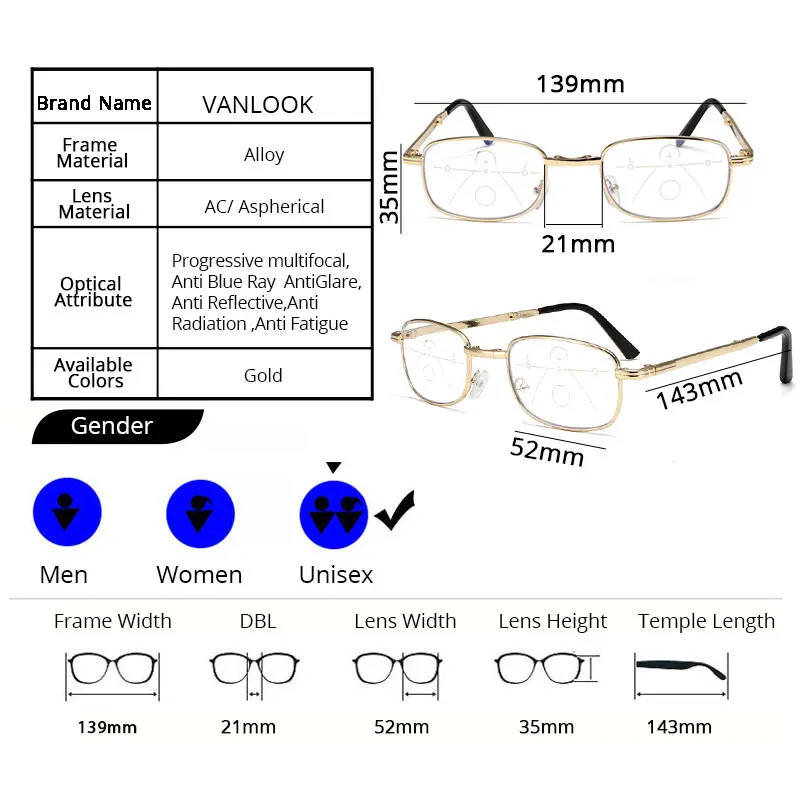 VANLOOK, многофокальные прогрессивные складные очки для чтения, компьютерная Складная защита от синего излучения, для мужчин и женщин, прозрачные+ 1 1,5 2 2,5 3 3,5 4
