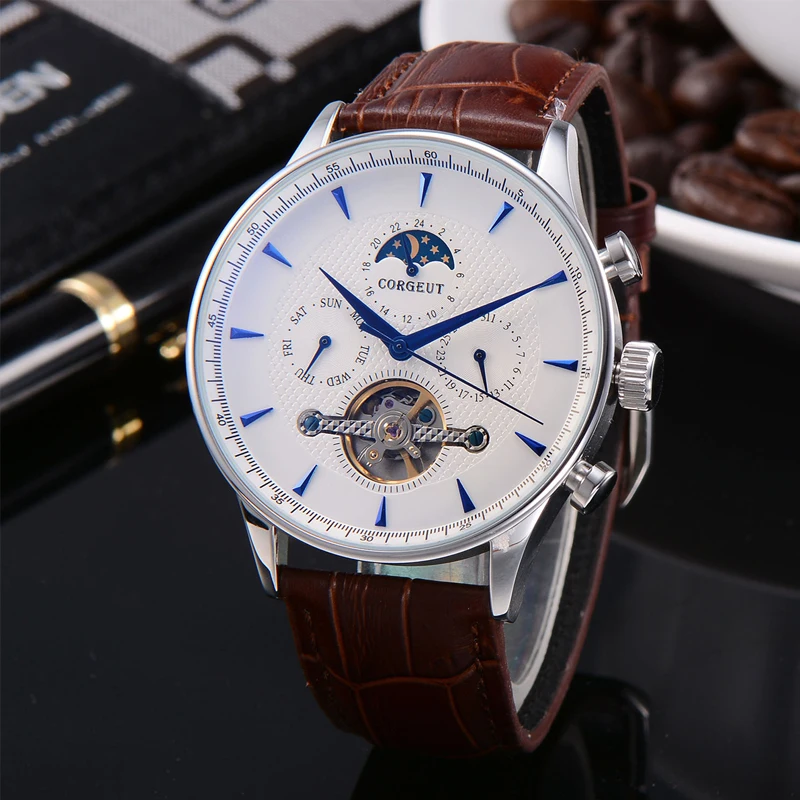 Corgeut 44 мм модные Лидирующий бренд механические светящиеся часы с черным