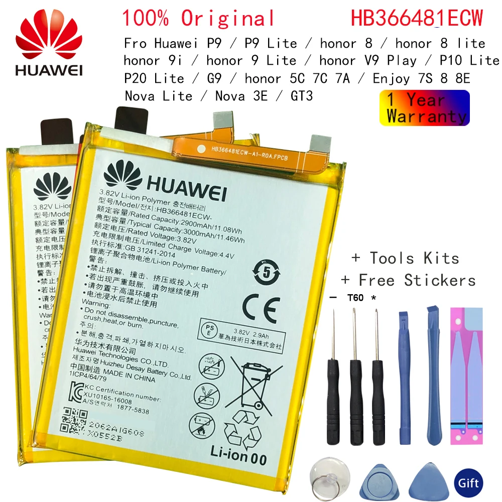 

100% Orginal HB366481ECW For Huawei p9 /p9 lite honor 8 p10 lite y6 II p8 lite 2017 p20 lite honor 5C Ascend P9 battery